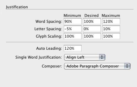 Interface de paramétrage de la justification dans InDesign